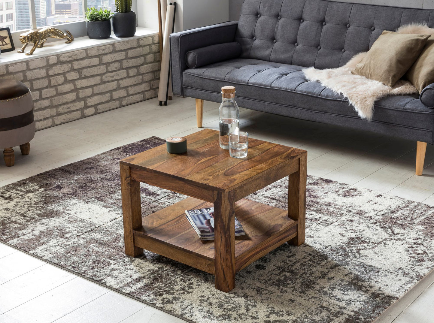 Couchtisch MUMBAI Massiv Holz Sheesham 60 mal 60 cm Wohnzimmer Tisch Design dunkel braun Landhaus Stil Beistelltisch