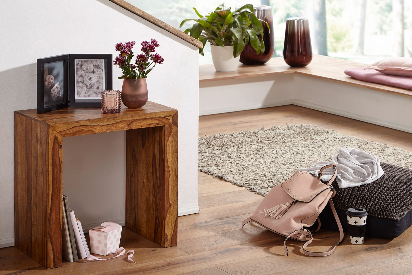 Beistelltisch MUMBAI Massiv Holz Sheesham 60 mal 35 cm Wohnzimmer Tisch Design dunkel braun Landhaus Stil Couchtisch