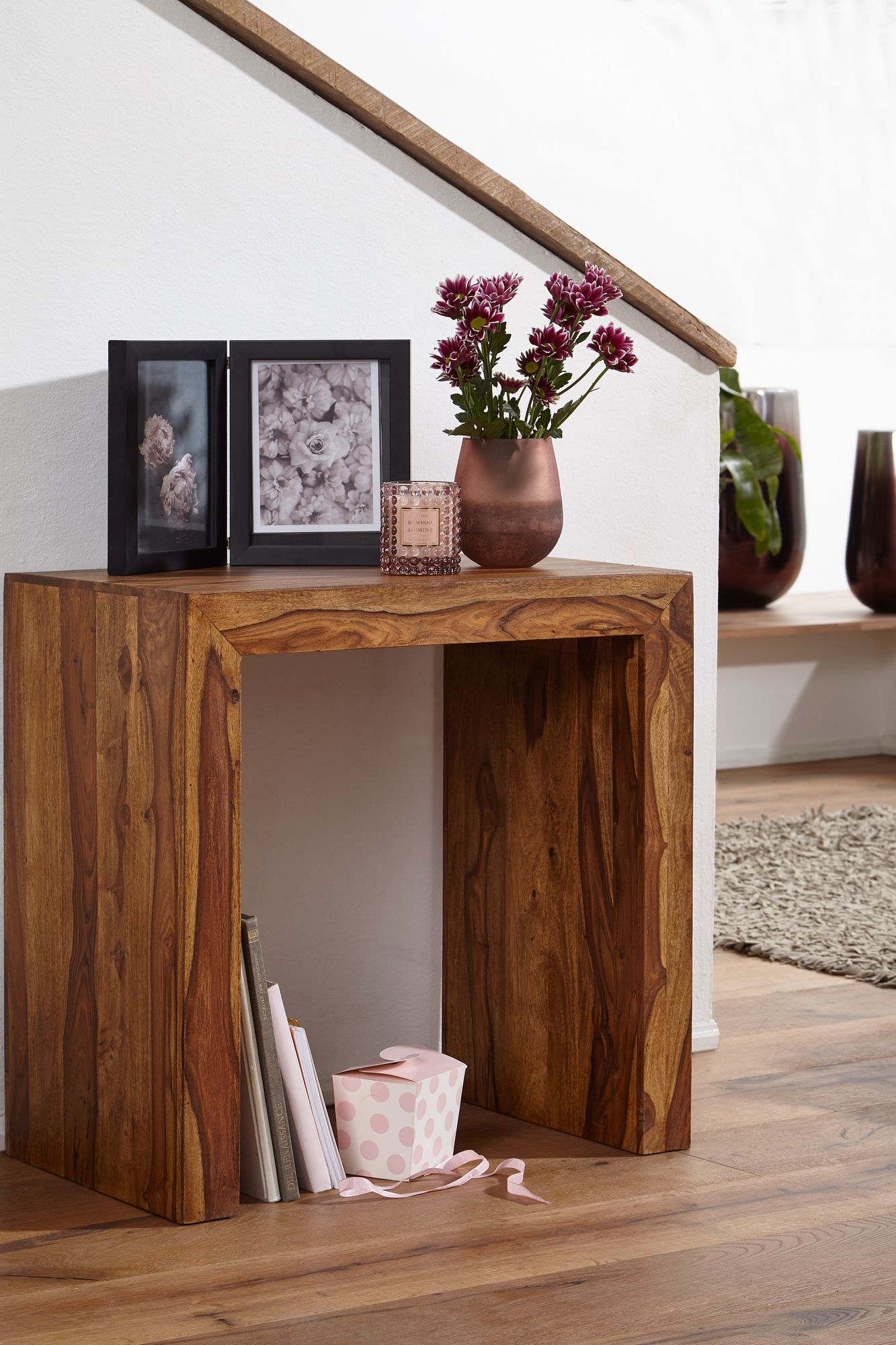 Beistelltisch MUMBAI Massiv Holz Sheesham 60 mal 35 cm Wohnzimmer Tisch Design dunkel braun Landhaus Stil Couchtisch