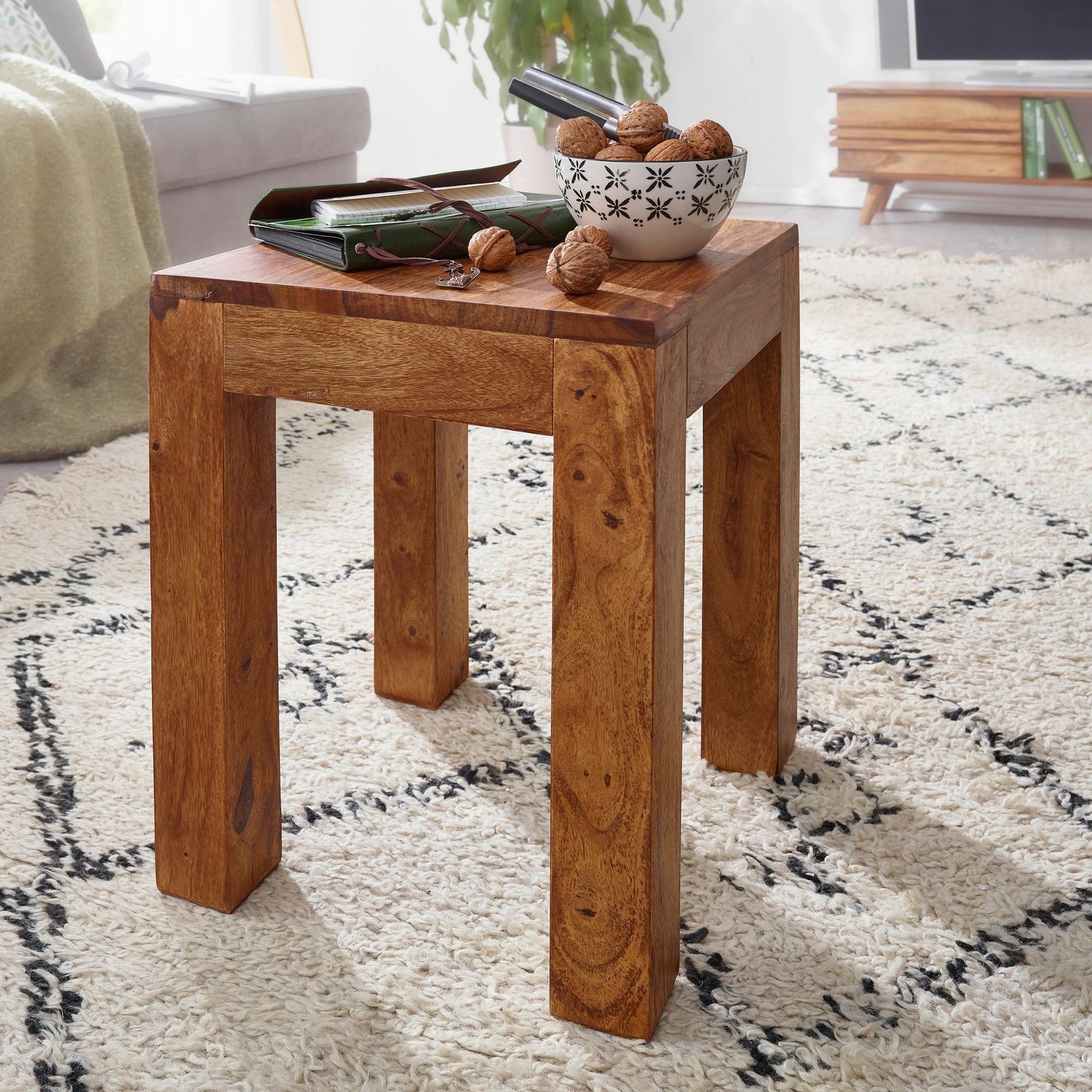 Beistelltisch MUMBAI Massiv Holz Sheesham 35 mal 35 cm Wohnzimmer Tisch Design dunkel braun Landhaus Stil Couchtisch