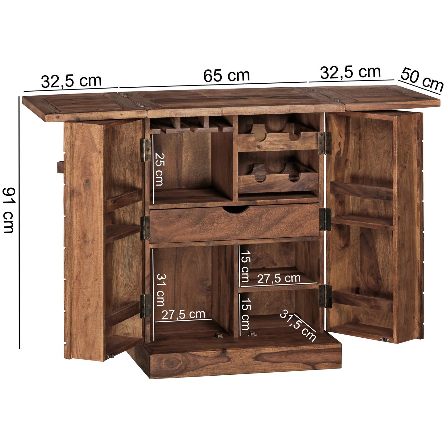 Hausbar LUCCA Sheesham Massivholz 65 mal 91 mal 50 cm Weinbar ausklappbar Kleine Bar modern Barschrank mit Tueren Spirituosenschrank mit Aufbewahrung fuer Flaschen und Glaeser