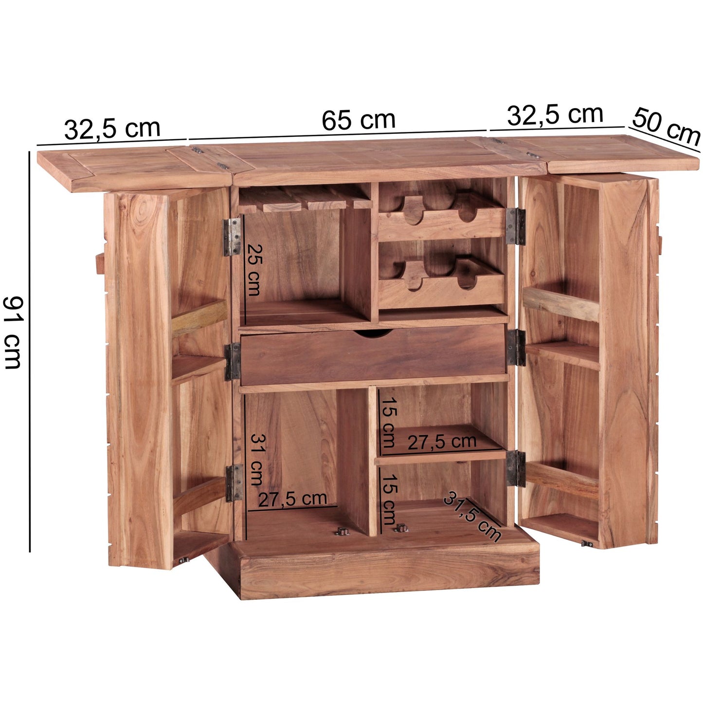 Hausbar LUCCA Akazie Massivholz 65 mal 91 mal 50 cm Weinbar ausklappbar Kleine Bar modern Barschrank mit Tueren Spirituosenschrank mit Aufbewahrung fuer Flaschen und Glaeser