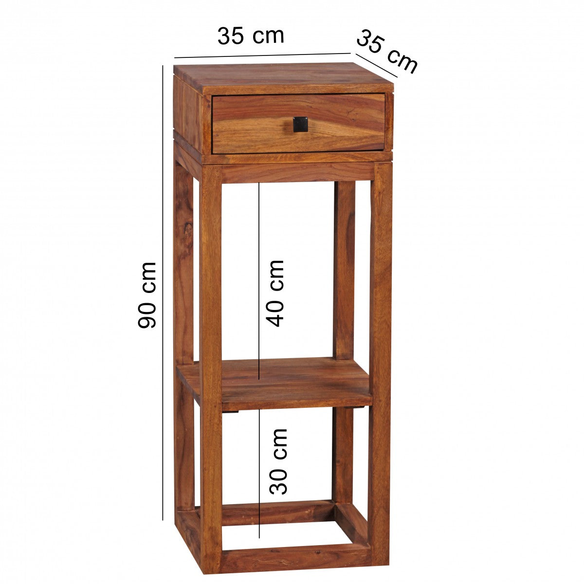 Beistelltisch MUMBAI Massivholz Sheesham Anstelltisch Telefontisch mit Schublade 35 mal 35 mal 90 cm