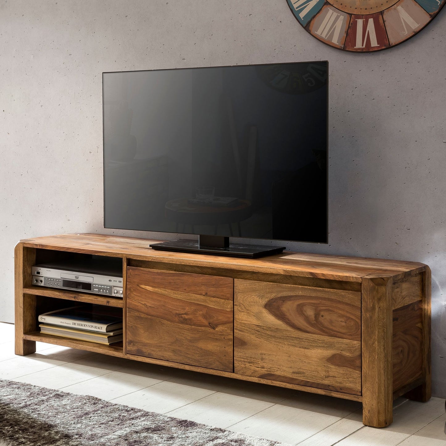 Lowboard BOHA Massivholz Sheesham Kommode 140 cm TV Board Ablage Faecher Landhaus Stil Unterschrank 40 cm TV Moebel