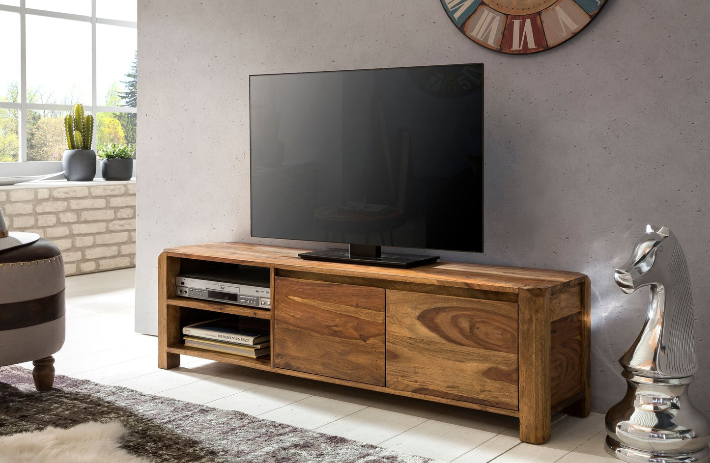 Lowboard BOHA Massivholz Sheesham Kommode 140 cm TV Board Ablage Faecher Landhaus Stil Unterschrank 40 cm TV Moebel