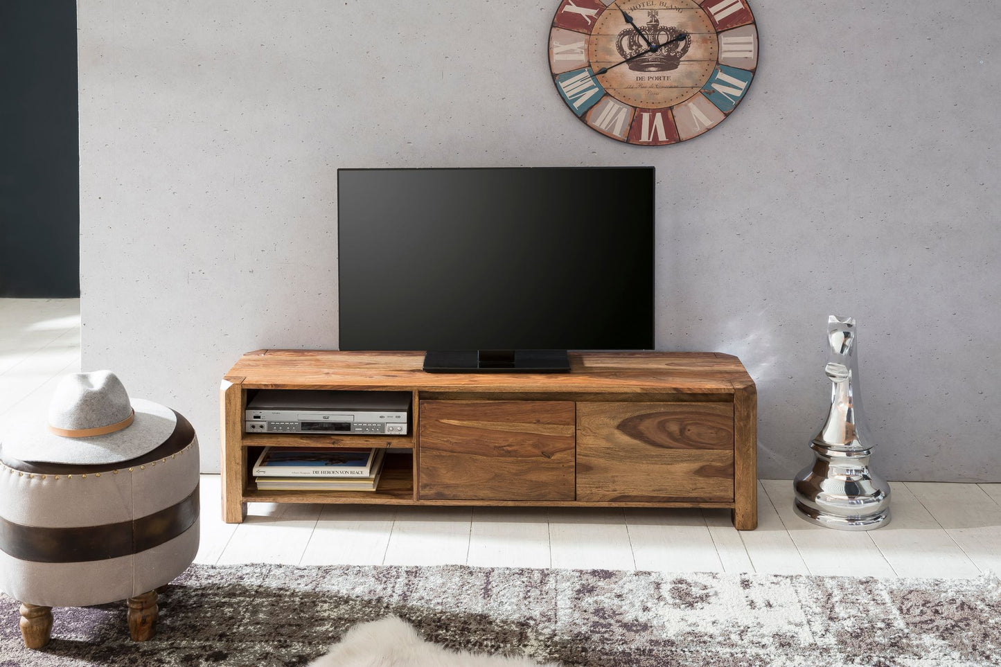 Lowboard BOHA Massivholz Sheesham Kommode 140 cm TV Board Ablage Faecher Landhaus Stil Unterschrank 40 cm TV Moebel