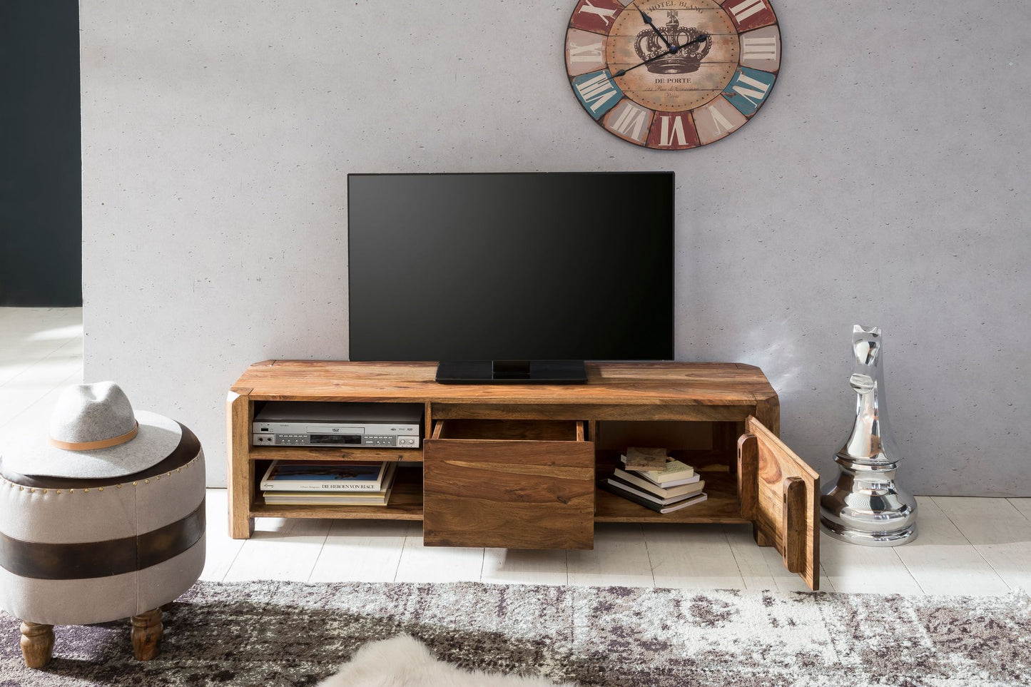 Lowboard BOHA Massivholz Sheesham Kommode 140 cm TV Board Ablage Faecher Landhaus Stil Unterschrank 40 cm TV Moebel