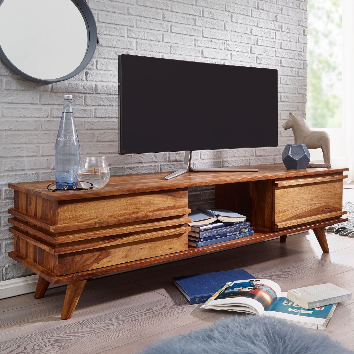 Lowboard Massivholz Sheesham Kommode 145 cm TV Board Ablage Fach Landhaus Stil Unterschrank 41 cm TV Moebel