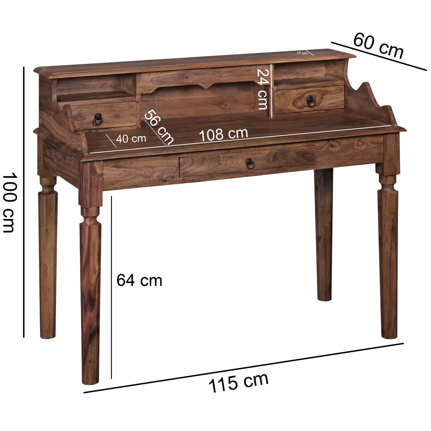 Schreibtisch Massivholz Sheesham Sekretaer 115 mal 100 mal 60 cm mit 3 Schubladen Konsolentisch im Landhaus Stil