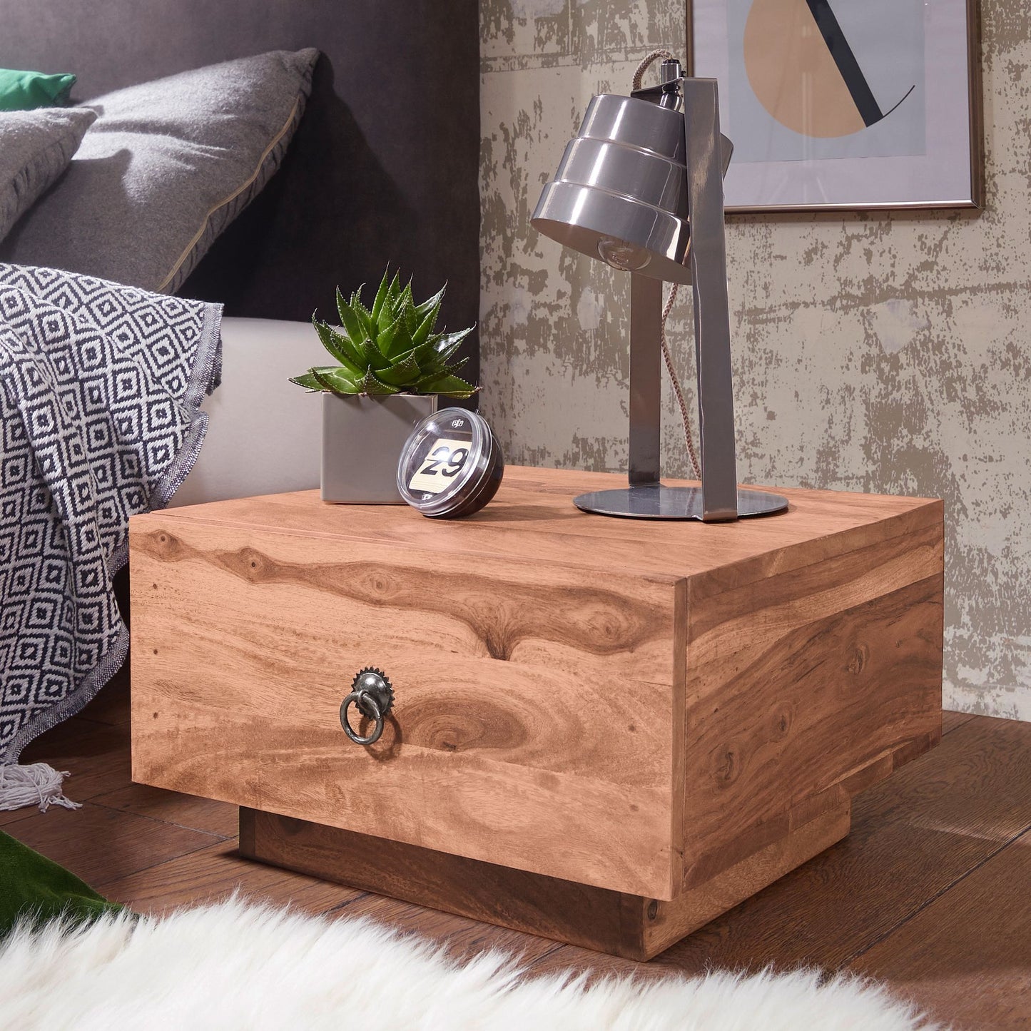 Design Nachttisch MUMBAI Massiv Holz Akazie 40 mal 40 mal 25 cm Moderne Nacht Kommode mit Schublade Nachtschrank Natur Holz Nachtkonsole