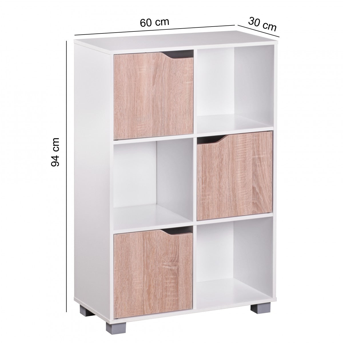 Design Buecherregal MASSA Modern Holz Weiss mit Tueren geschlossen Sonoma Eiche Standregal freistehend 6 Faecher 60 cm Breit mal 90 cm Hoch mal 30 cm Tief Freistehend Bueroregal klein Holzregal