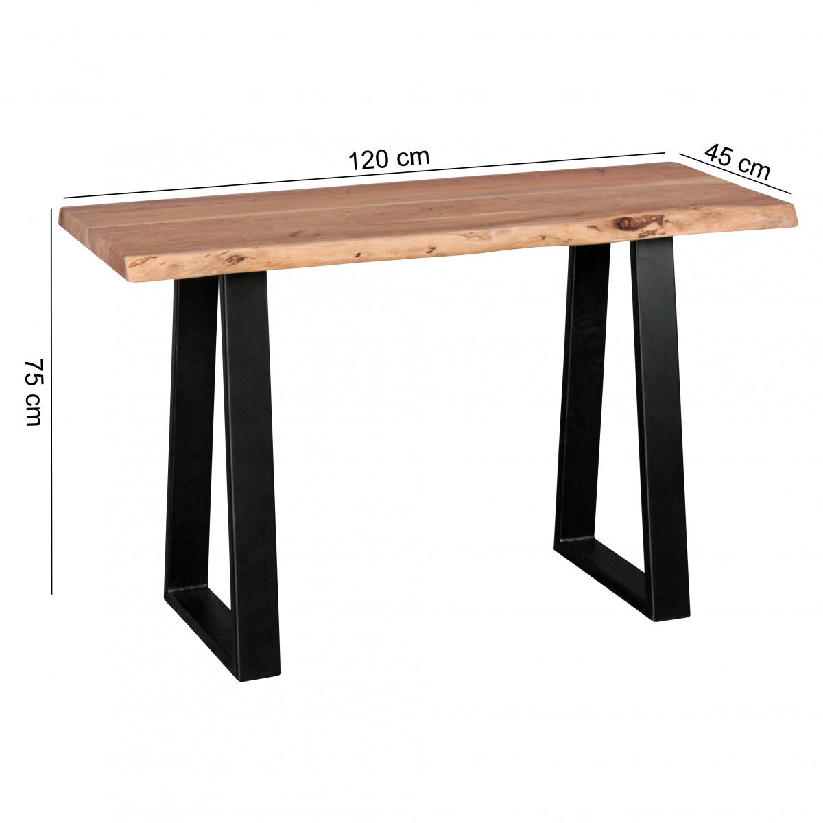 Konsolentisch GAYA Massivholz Akazie Schreibtisch 120 cm breit im Landhaus Stil Schminktisch mit Design Sekretaer mit 2 Metallbeinen Echt Holz Konsole mit Baumkante Tischkonsole