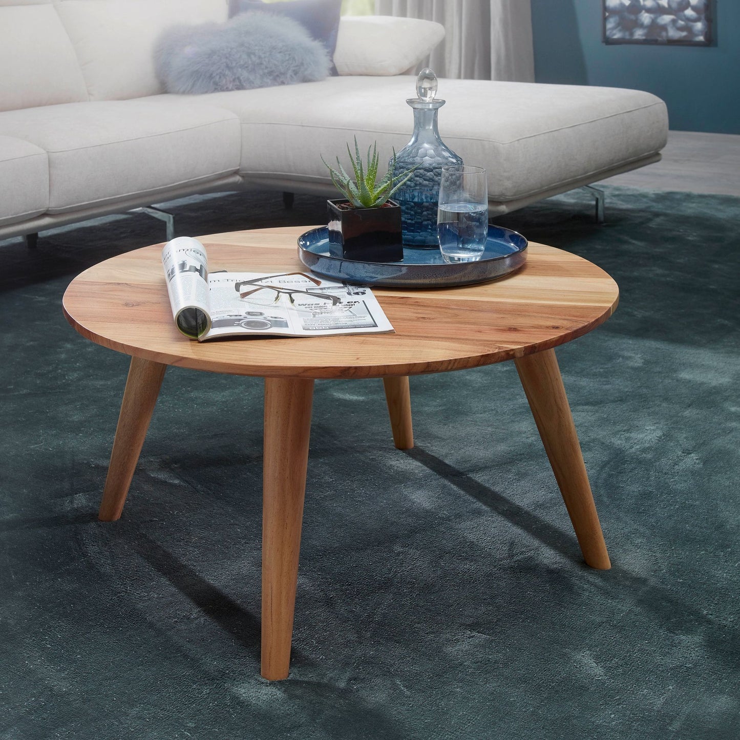 Couchtisch BOHA Massivholz Akazie Wohnzimmertisch rund Ø75 mal 40 cm Beistelltisch mit 4 Beinen im Landhausstil
