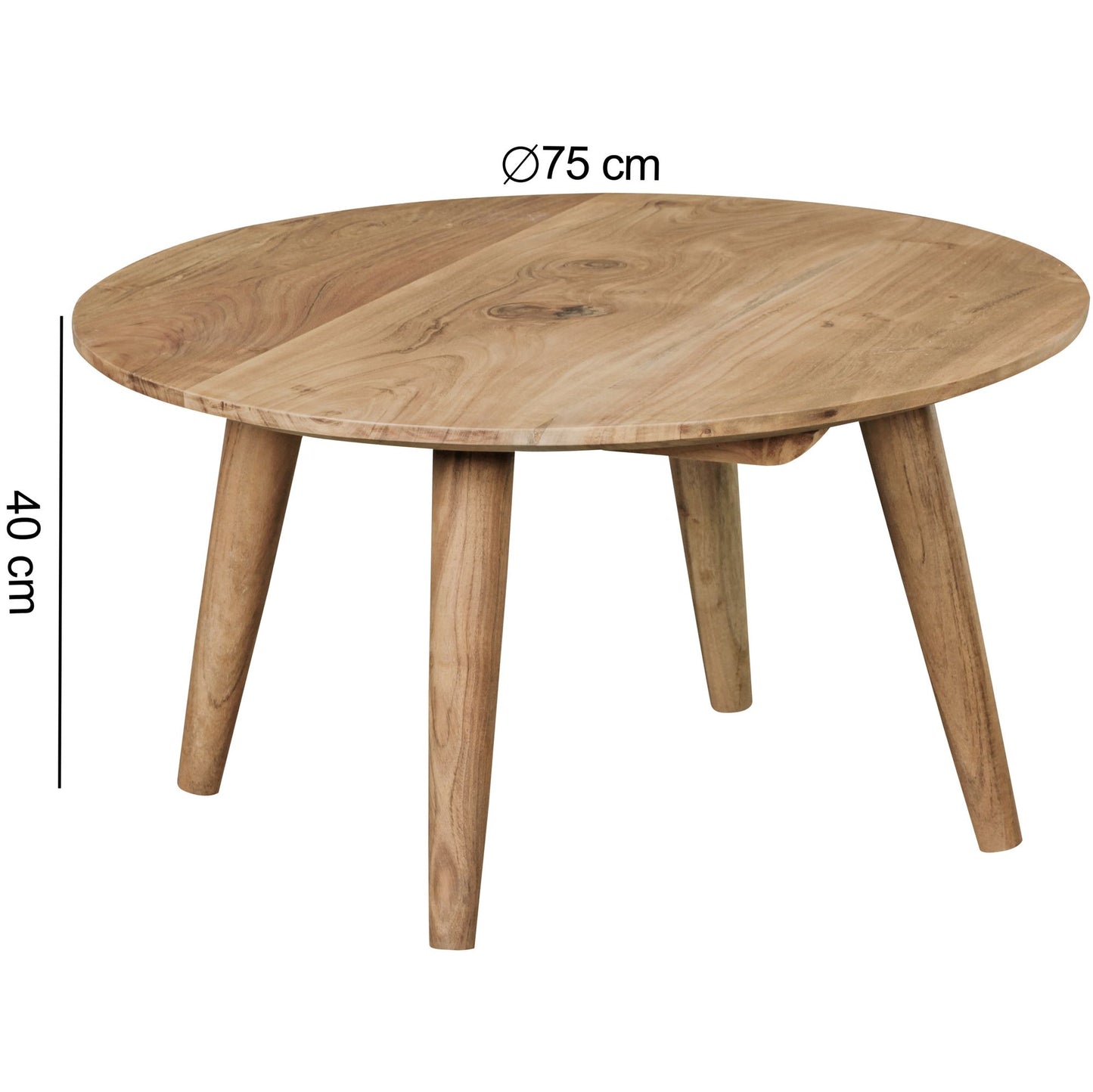 Couchtisch BOHA Massivholz Akazie Wohnzimmertisch rund Ø75 mal 40 cm Beistelltisch mit 4 Beinen im Landhausstil