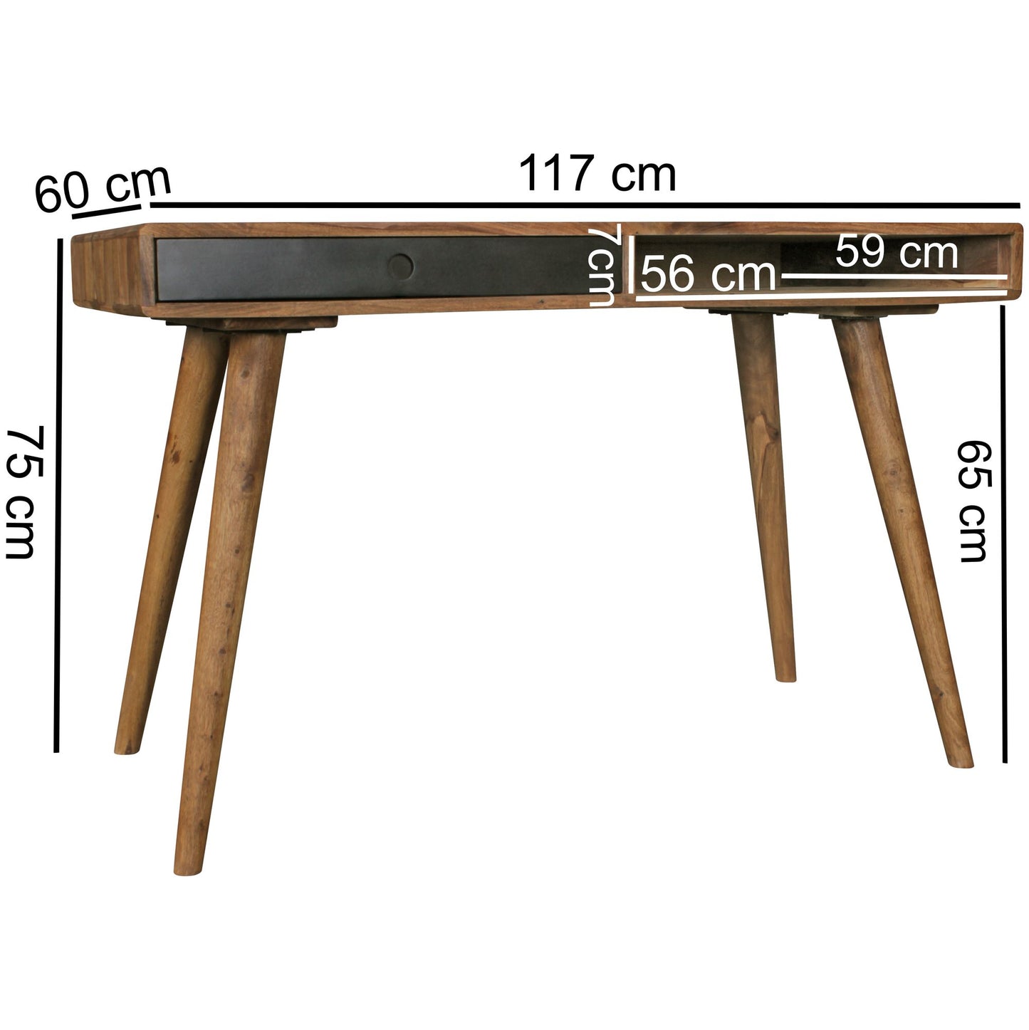 Schreibtisch REPA schwarz 120 mal 60 mal 75 cm Massiv Holz Laptoptisch Sheesham Natur Landhaus Stil Arbeitstisch mit 1 Schublade Buerotisch PC Tisch