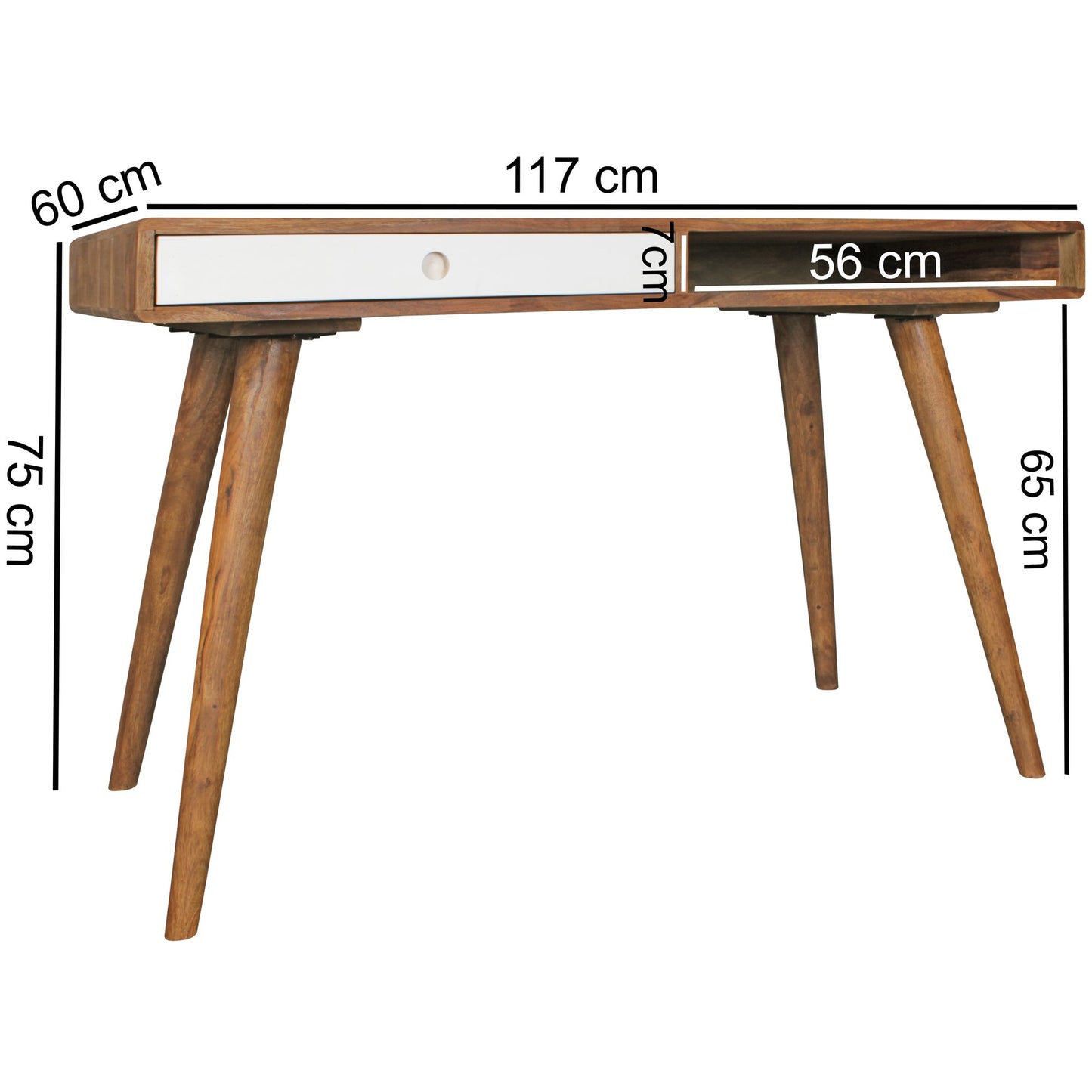 Schreibtisch REPA weiss 120 mal 60 mal 75 cm Massiv Holz Laptoptisch Sheesham Natur Landhaus Stil Arbeitstisch mit 1 Schublade Buerotisch PC Tisch