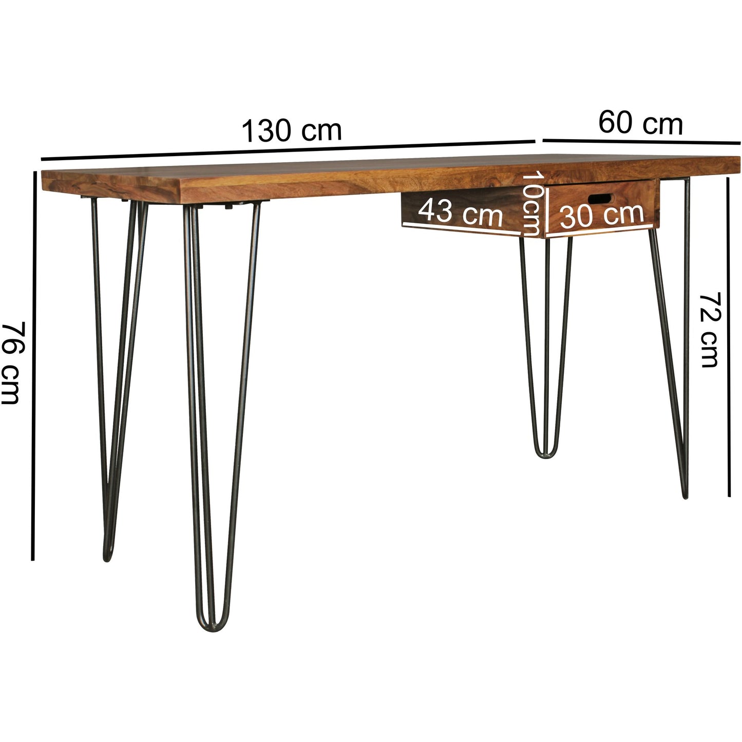 Schreibtisch BAGLI braun 130 mal 60 mal 76 cm Massiv Holz Laptoptisch Sheesham Natur Landhaus Stil Arbeitstisch mit Ablage Buerotisch PC Tisch