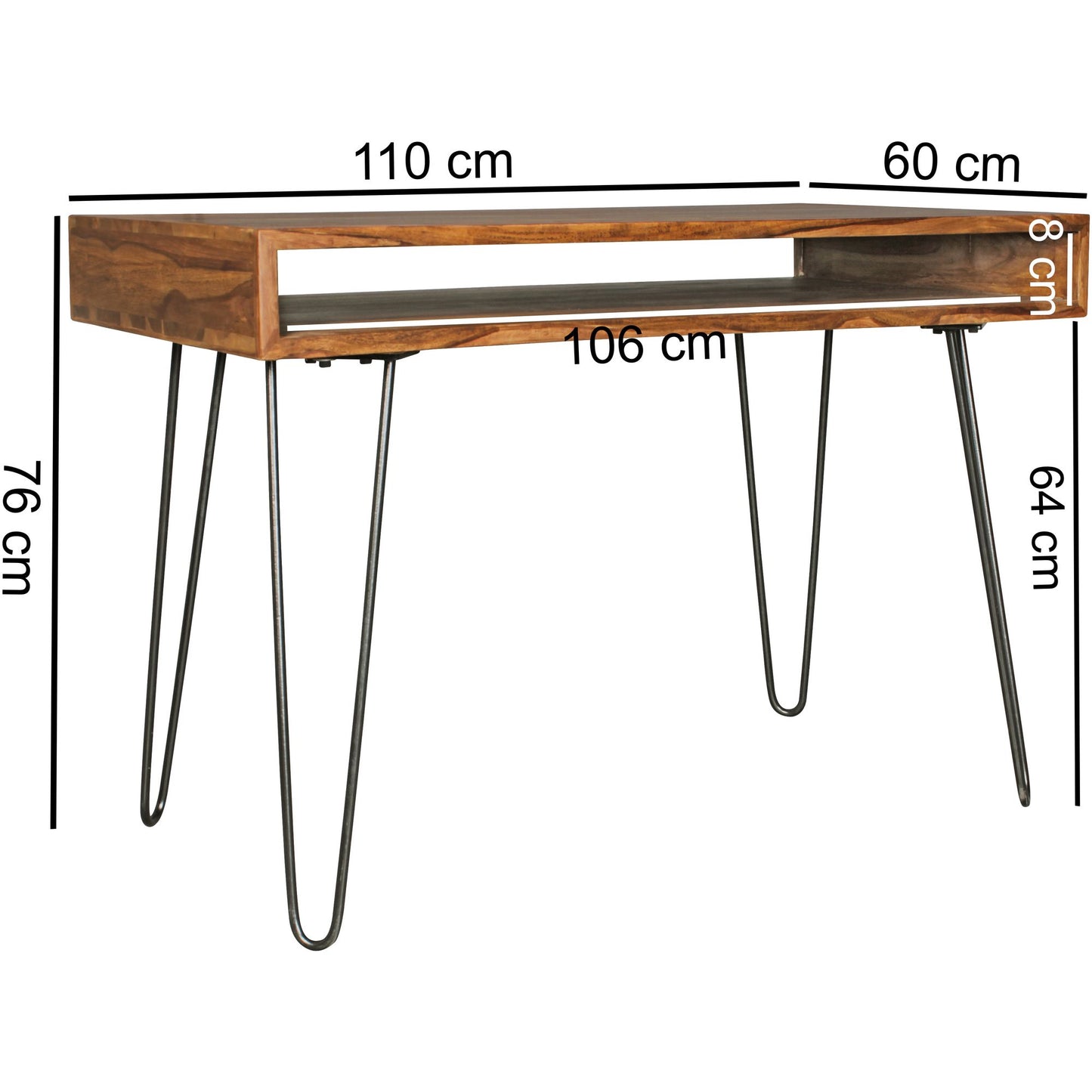 Schreibtisch BAGLI braun 110 mal 60 mal 76 cm Massiv Holz Laptoptisch Sheesham Natur Landhaus Stil Arbeitstisch mit 1 Ablage fach Buerotisch PC Tisch