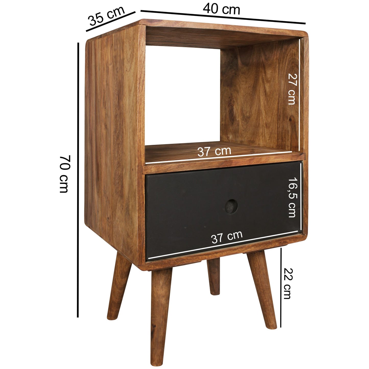 Retro Nachtkonsole REPA Sheesham Holz Nachttisch mit Schublade dunkelbraun schwarz Design Nachtkaestchen 40 mal 35 mal 70 cm Grosses Nachtschraenkchen