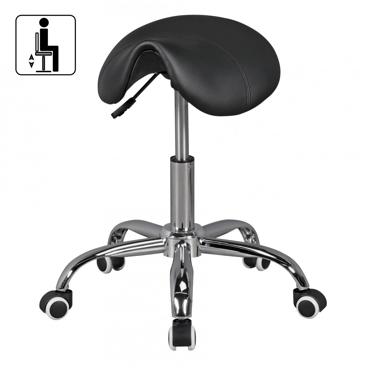 MENTON   Sattel Hocker in Schwarz Arbeitshocker mit Kunstleder Bezug Sitzhocker ist hoehenverstellbar Design Drehhocker mit Rollen Kosmetikhocker und Pra mal ishocker mit Sattelsitz