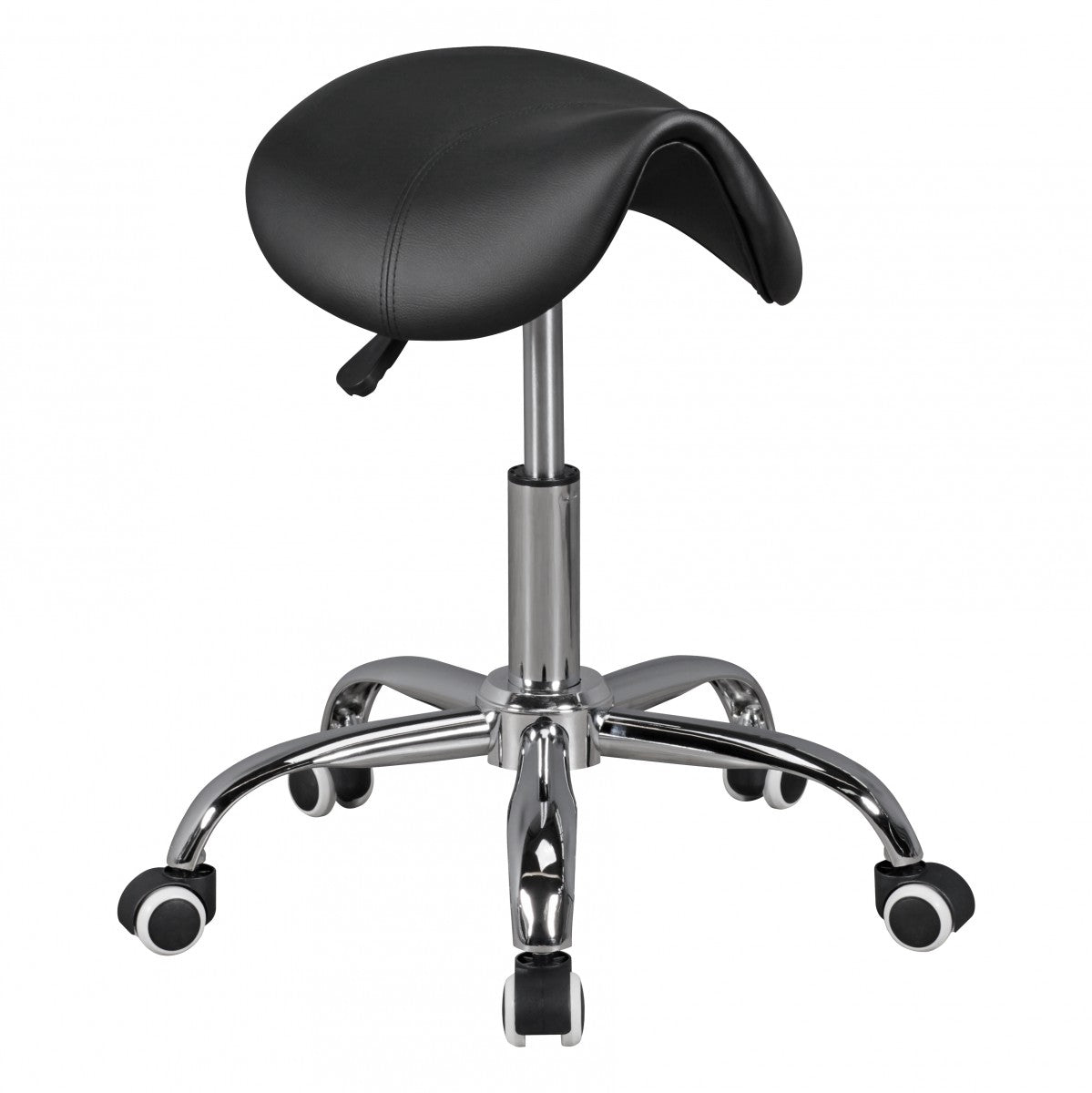 MENTON   Sattel Hocker in Schwarz Arbeitshocker mit Kunstleder Bezug Sitzhocker ist hoehenverstellbar Design Drehhocker mit Rollen Kosmetikhocker und Pra mal ishocker mit Sattelsitz