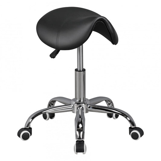 MENTON   Sattel Hocker in Schwarz Arbeitshocker mit Kunstleder Bezug Sitzhocker ist hoehenverstellbar Design Drehhocker mit Rollen Kosmetikhocker und Pra mal ishocker mit Sattelsitz