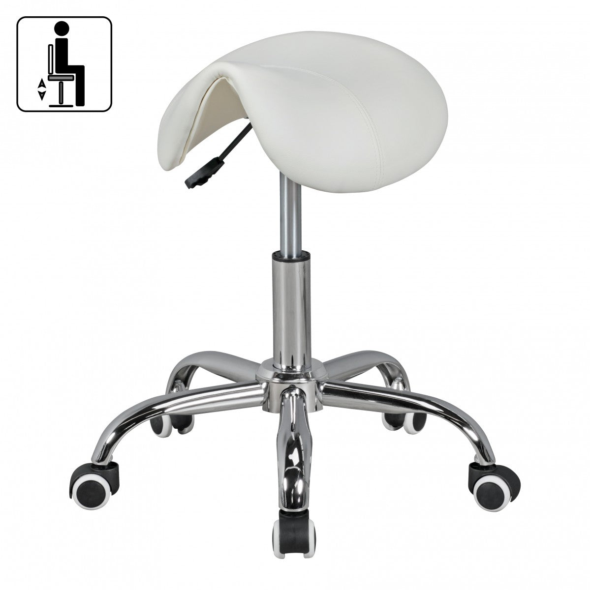 MENTON Sattel Hocker in Weiss Arbeitshocker mit Kunstleder Bezug Sitzhocker ist hoehenverstellbar Kosmetikhocker und Pra mal ishocker mit Sattelsitz Friseurhocker