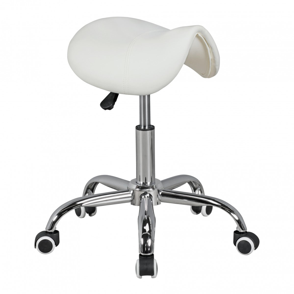 MENTON Sattel Hocker in Weiss Arbeitshocker mit Kunstleder Bezug Sitzhocker ist hoehenverstellbar Kosmetikhocker und Pra mal ishocker mit Sattelsitz Friseurhocker