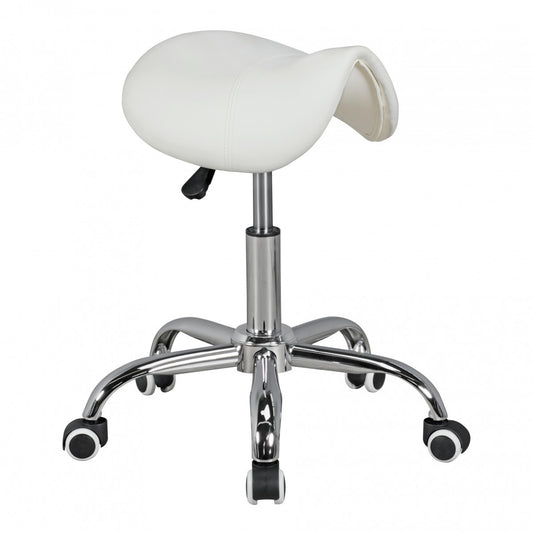 MENTON Sattel Hocker in Weiss Arbeitshocker mit Kunstleder Bezug Sitzhocker ist hoehenverstellbar Kosmetikhocker und Pra mal ishocker mit Sattelsitz Friseurhocker