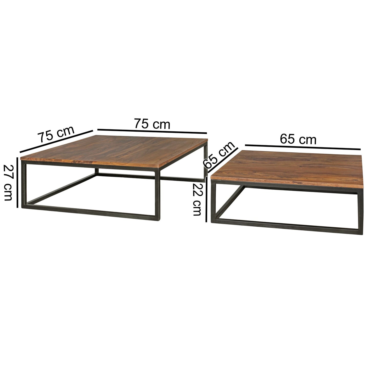 Couchtisch AKOLA 2 teilig Massivholz 75 mal 75 mal 27 cm Design Wohnzimmertisch Sheesham Holz Wohnzimmer Lounge Tisch Massiv mit Metall Beinen