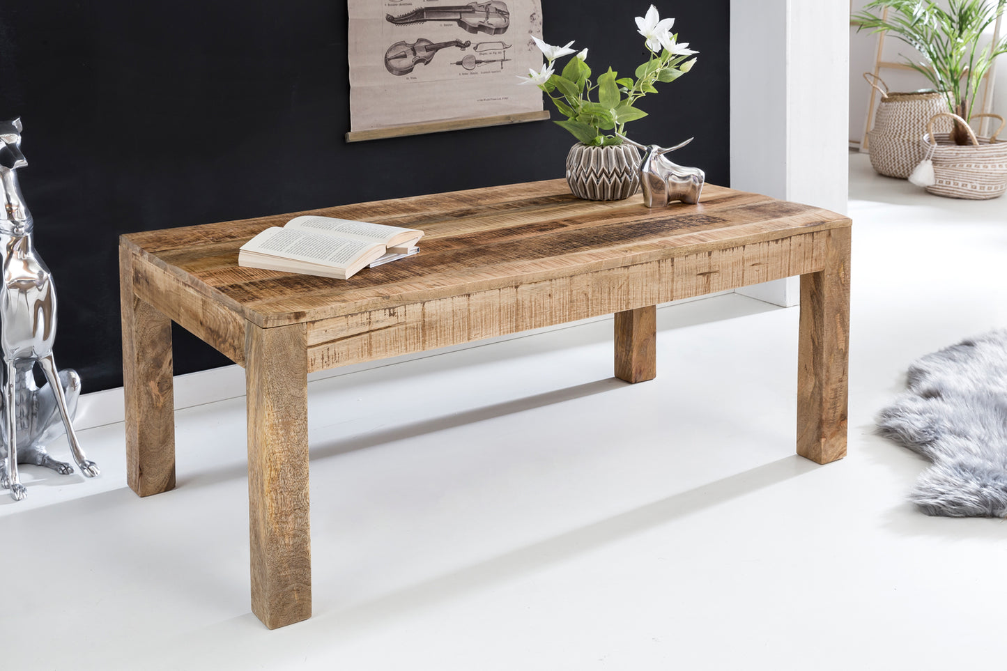 Couchtisch 110 mal 60 mal 47 cm Massiv Holz Mango Natur Landhaus Stil Wohnzimmertisch Rustikal Kaffeetisch Massivholztisch Wohnzimmer