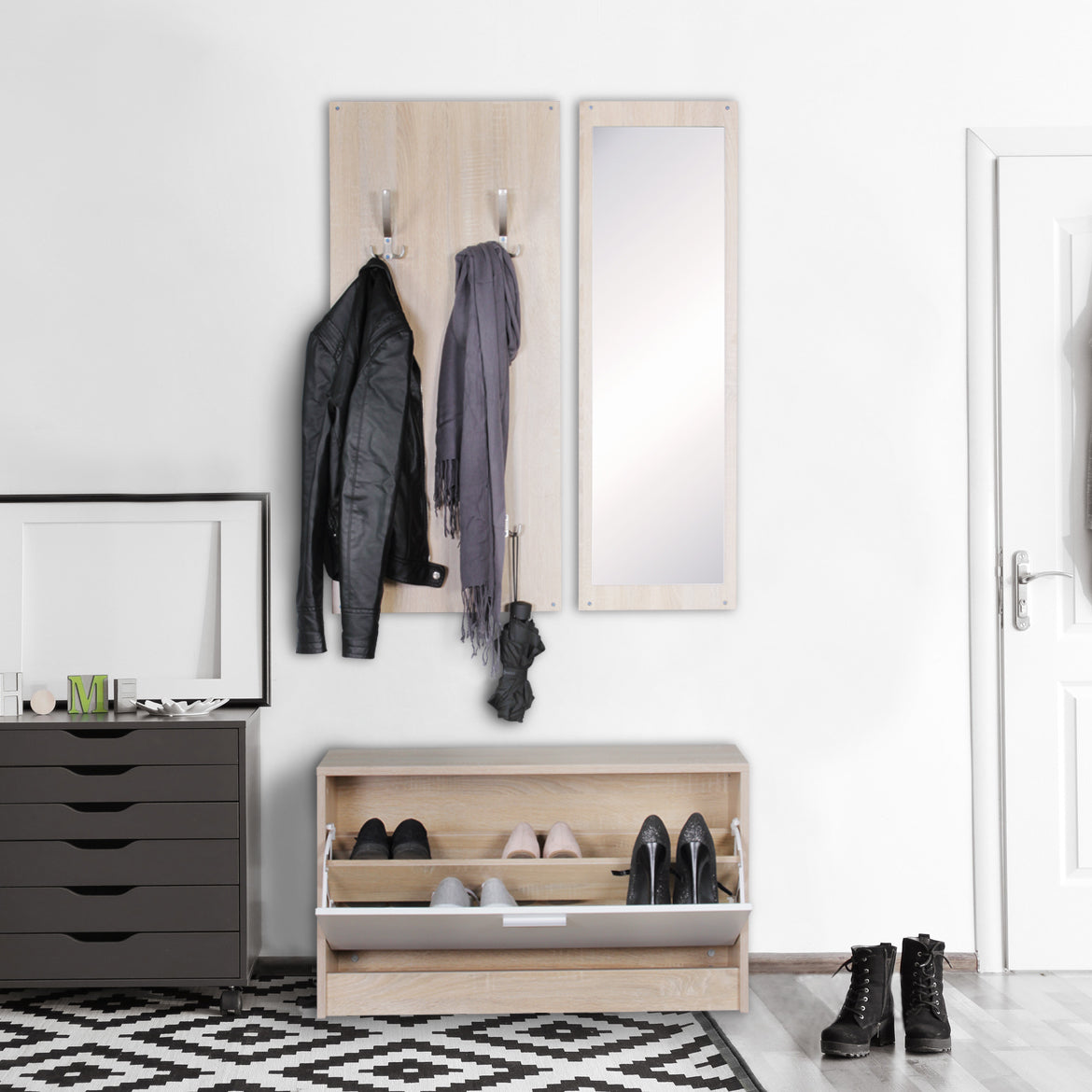 Wand Garderobe SALERNO mit Spiegel und Schuhschrank Spanplatte sonoma Moderne Flur Kompaktgarderobe fuer Jacken und Schuhe Komplettgarderobe