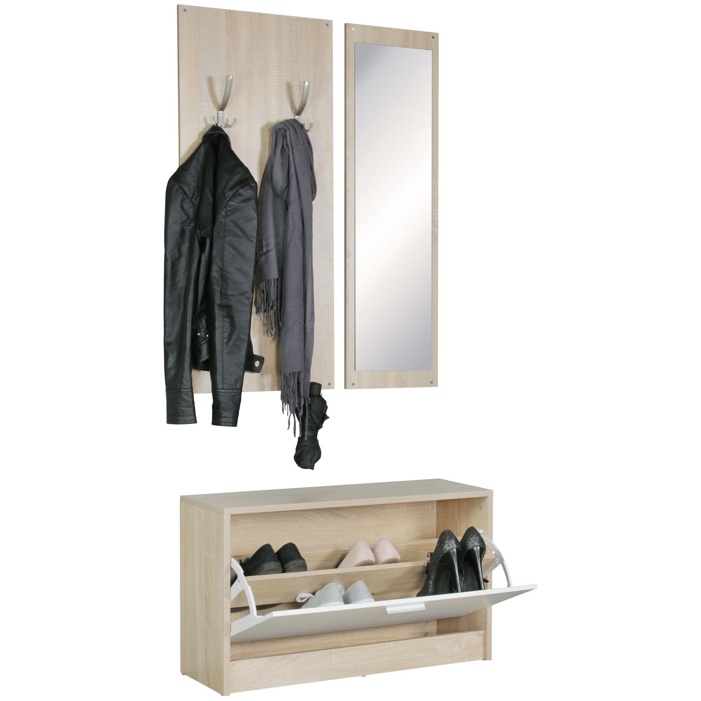 Wand Garderobe SALERNO mit Spiegel und Schuhschrank Spanplatte sonoma Moderne Flur Kompaktgarderobe fuer Jacken und Schuhe Komplettgarderobe