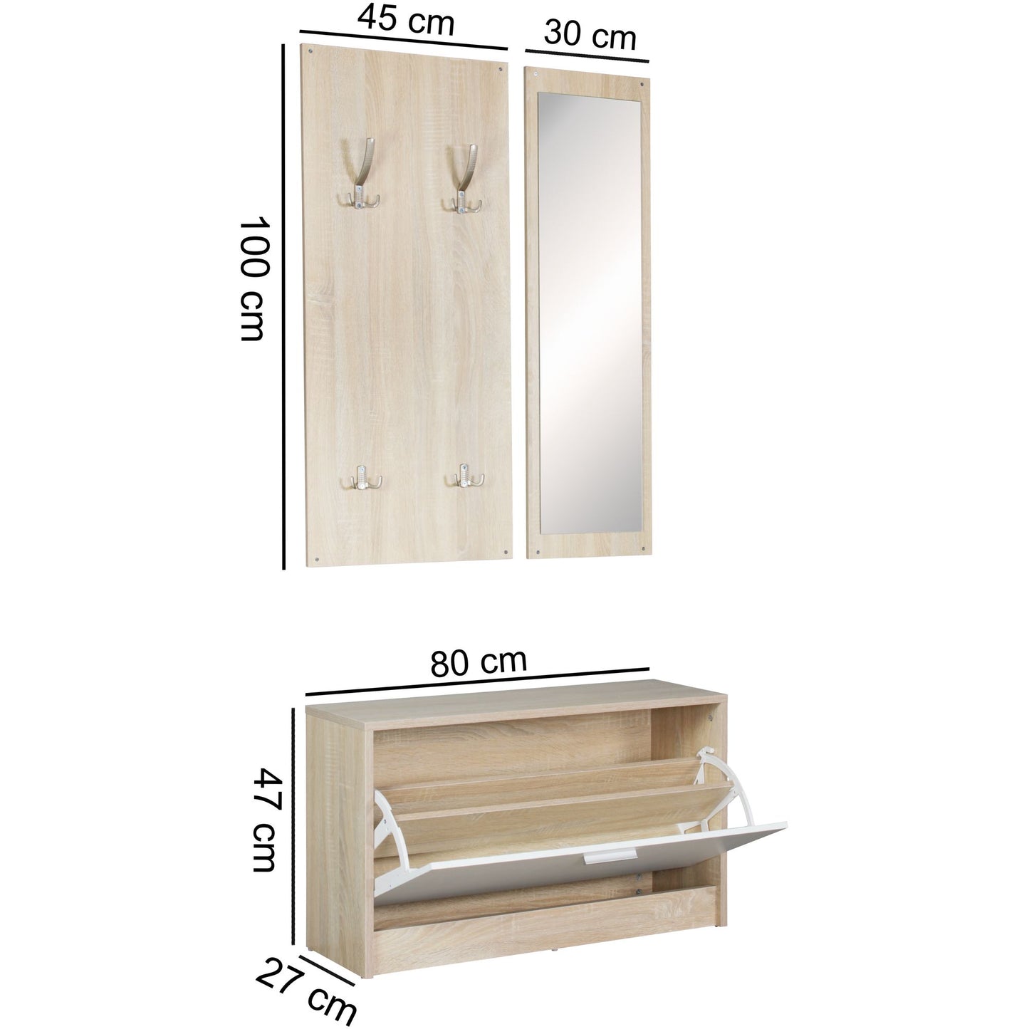 Wand Garderobe SALERNO mit Spiegel und Schuhschrank Spanplatte sonoma Moderne Flur Kompaktgarderobe fuer Jacken und Schuhe Komplettgarderobe