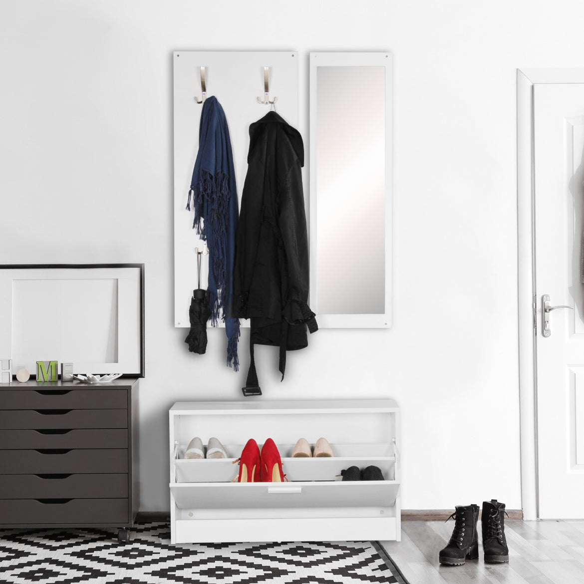 Wand Garderobe SALERNO mit Spiegel und Schuhschrank Spanplatte weiss Moderne Flur Kompaktgarderobe fuer Jacken und Schuhe Komplettgarderobe