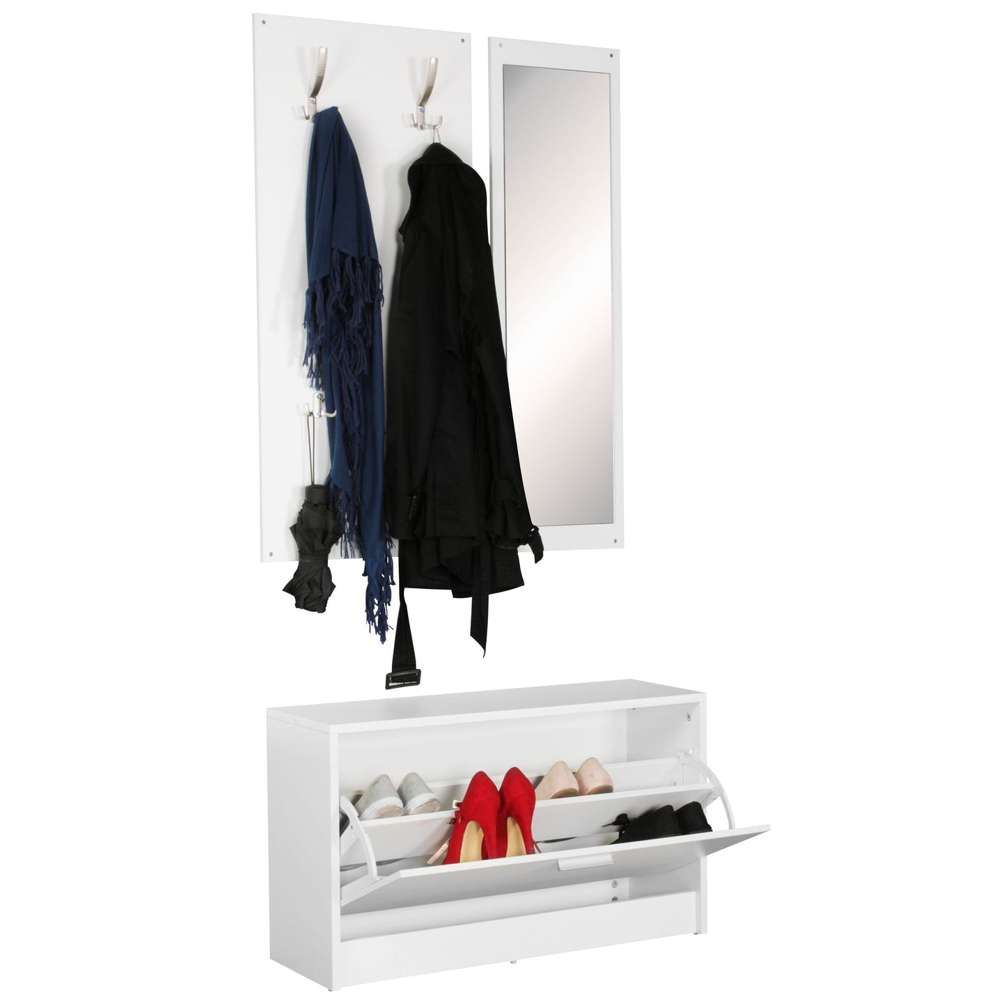 Wand Garderobe SALERNO mit Spiegel und Schuhschrank Spanplatte weiss Moderne Flur Kompaktgarderobe fuer Jacken und Schuhe Komplettgarderobe