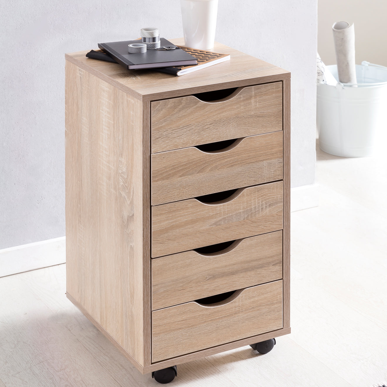 Rollcontainer 33 mal 64 mal 38 cm MDF Holz 5 Schubladen sonoma Moderner Schubladencontainer mit Rollen Standcontainer Buerocontainer