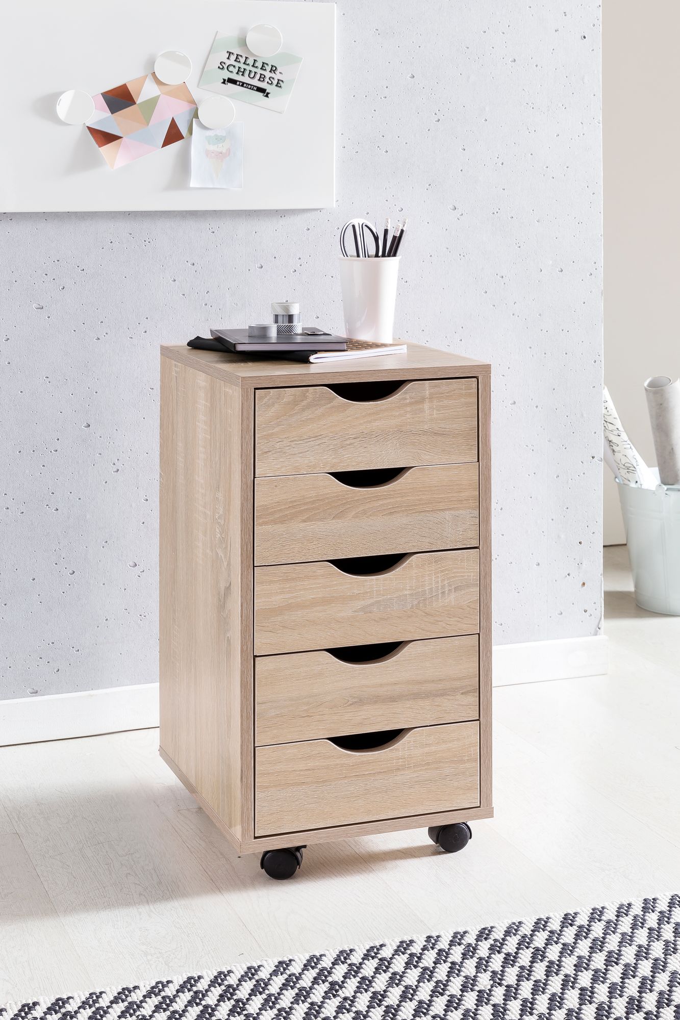 Rollcontainer 33 mal 64 mal 38 cm MDF Holz 5 Schubladen sonoma Moderner Schubladencontainer mit Rollen Standcontainer Buerocontainer