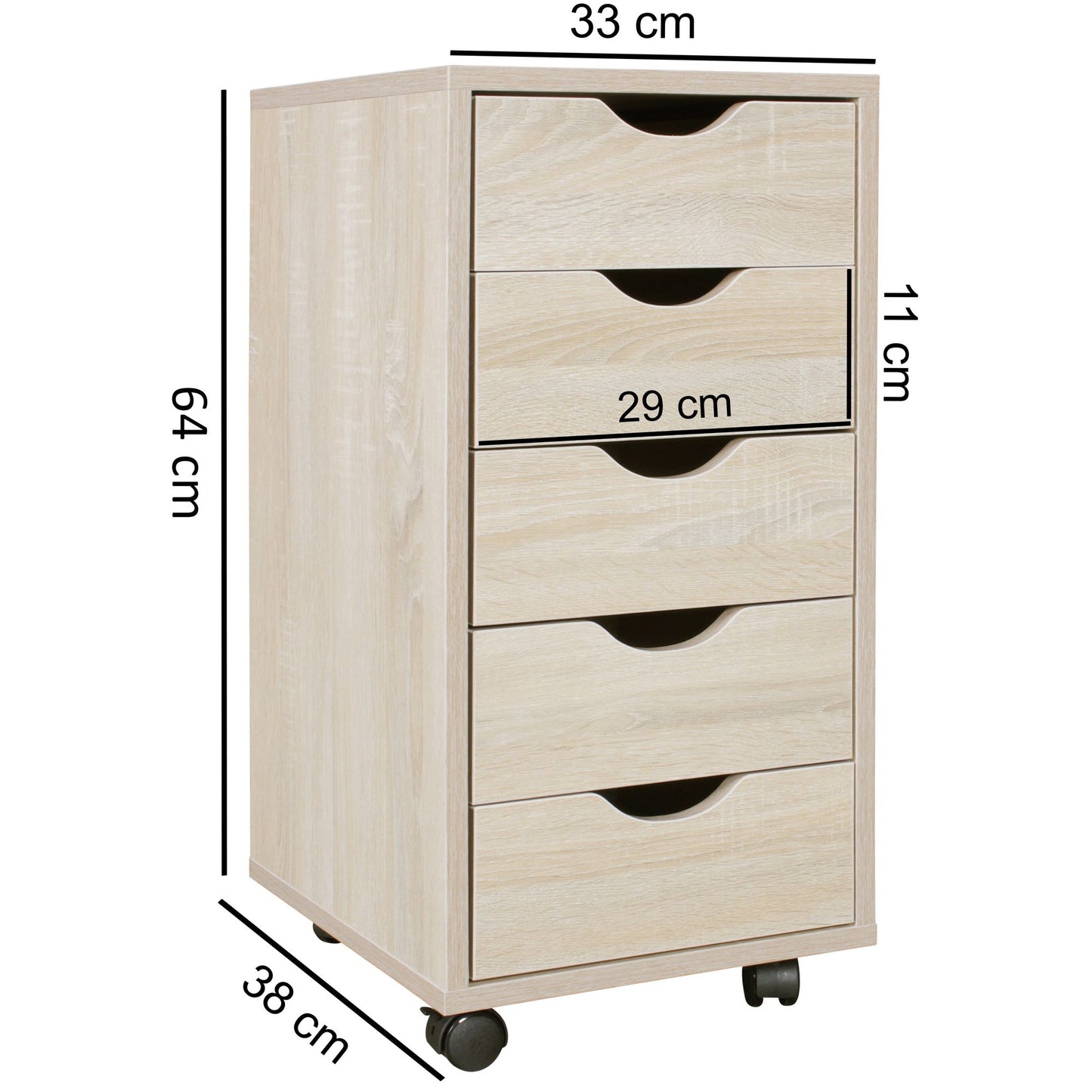 Rollcontainer 33 mal 64 mal 38 cm MDF Holz 5 Schubladen sonoma Moderner Schubladencontainer mit Rollen Standcontainer Buerocontainer