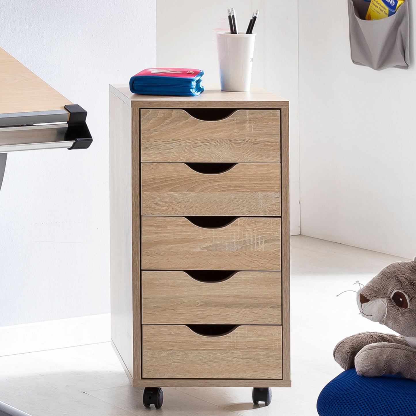 Rollcontainer 33 mal 64 mal 38 cm MDF Holz 5 Schubladen sonoma Moderner Schubladencontainer mit Rollen Standcontainer Buerocontainer