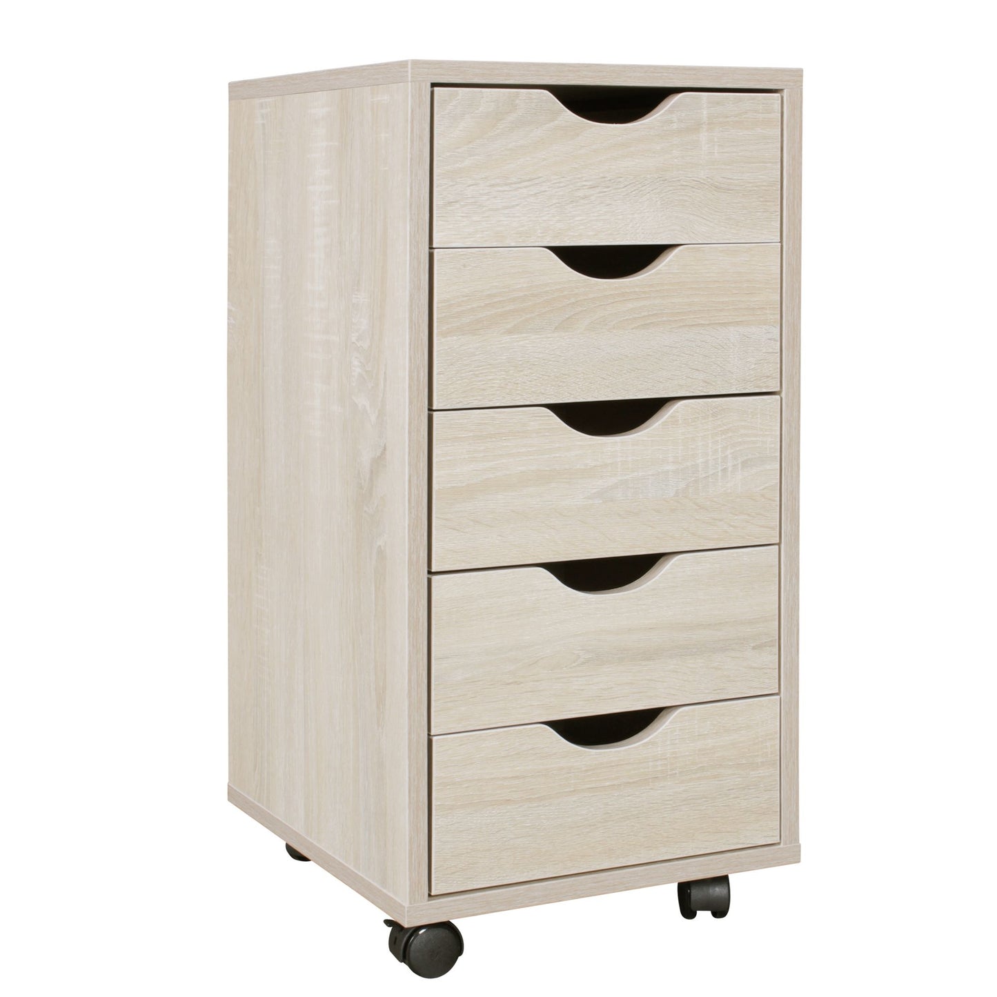 Rollcontainer 33 mal 64 mal 38 cm MDF Holz 5 Schubladen sonoma Moderner Schubladencontainer mit Rollen Standcontainer Buerocontainer