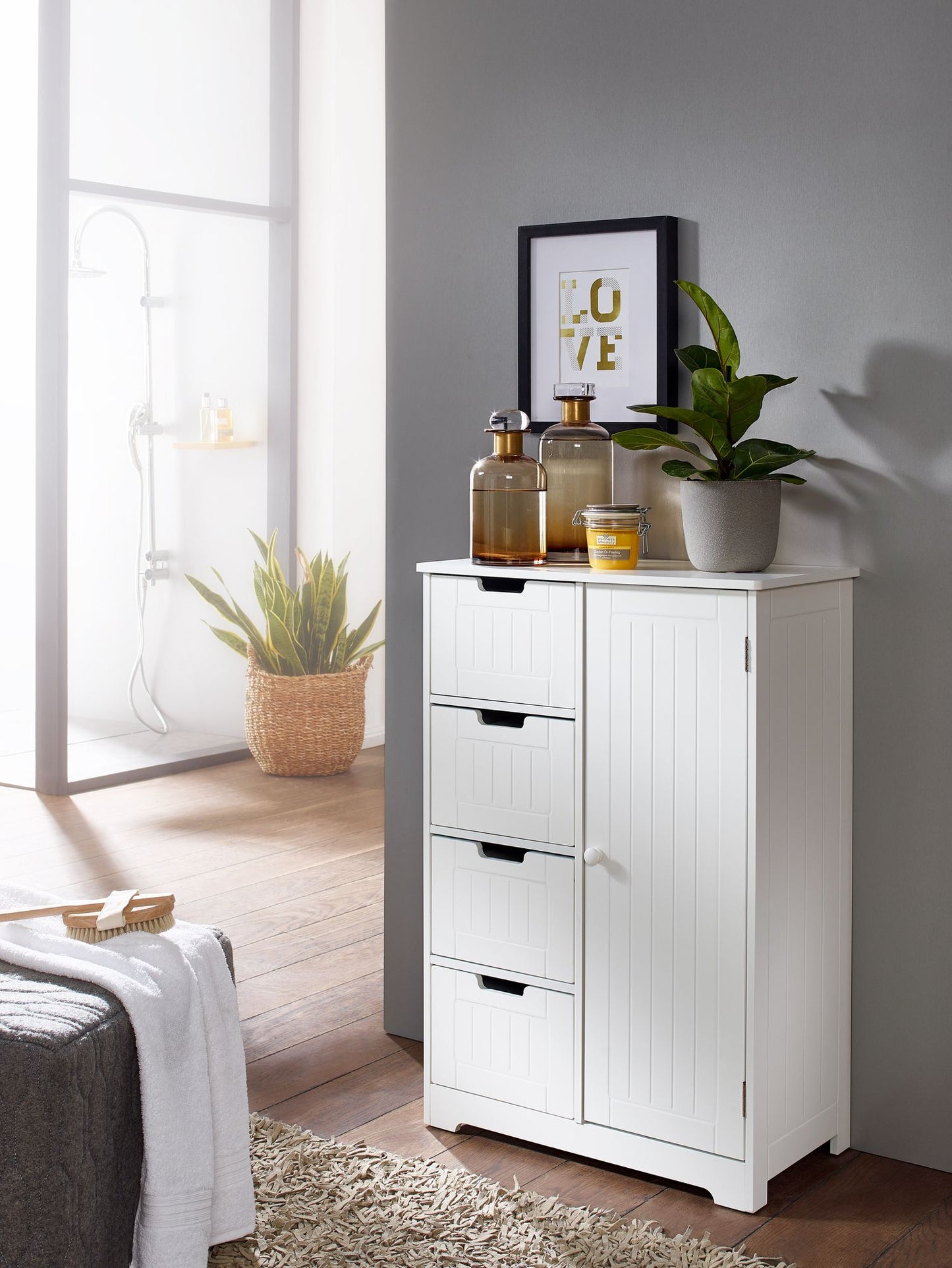 Design Badschrank PATTI Landhaus Stil MDF Holz 56 mal 83 mal 30 cm weiss Badezimmerschrank klein 4 Schubladen und 1 Tuer Beistellschrank Mehrzweckschrank