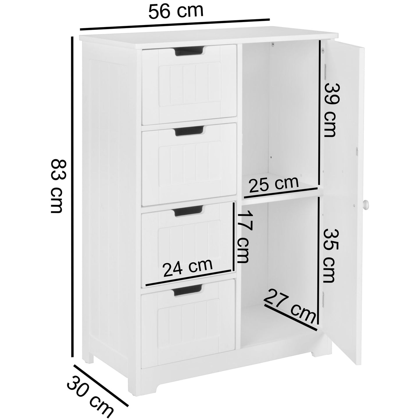 Design Badschrank PATTI Landhaus Stil MDF Holz 56 mal 83 mal 30 cm weiss Badezimmerschrank klein 4 Schubladen und 1 Tuer Beistellschrank Mehrzweckschrank