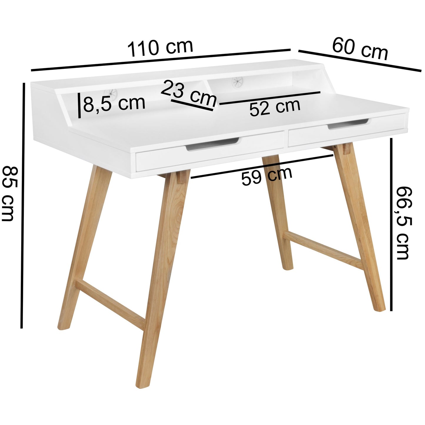 Schreibtisch 110 mal 85 mal 60 cm MDF Holz skandinavisch weiss matt Arbeitstisch Design Laptoptisch mit Kabeldurchlass Buerotisch mit Eiche Beinen