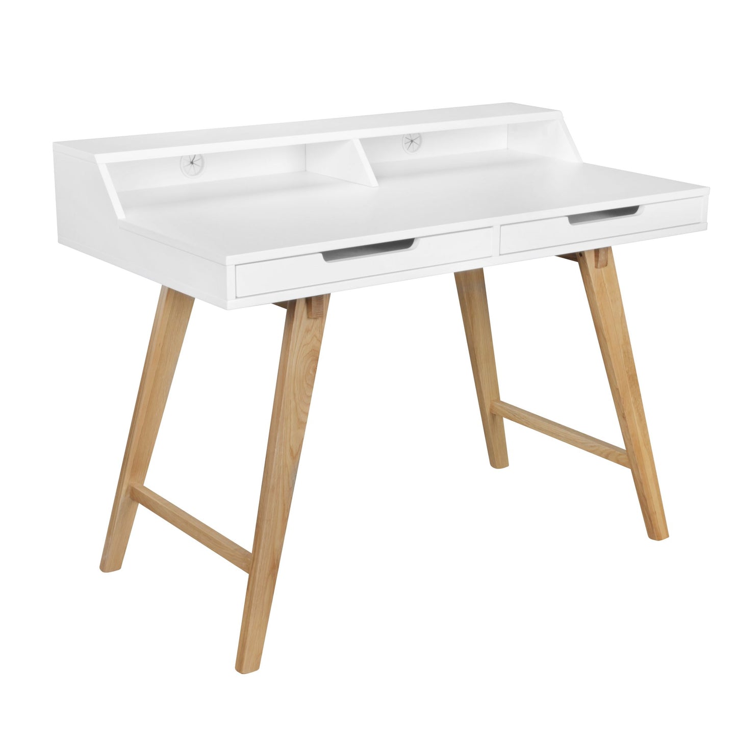 Schreibtisch 110 mal 85 mal 60 cm MDF Holz skandinavisch weiss matt Arbeitstisch Design Laptoptisch mit Kabeldurchlass Buerotisch mit Eiche Beinen