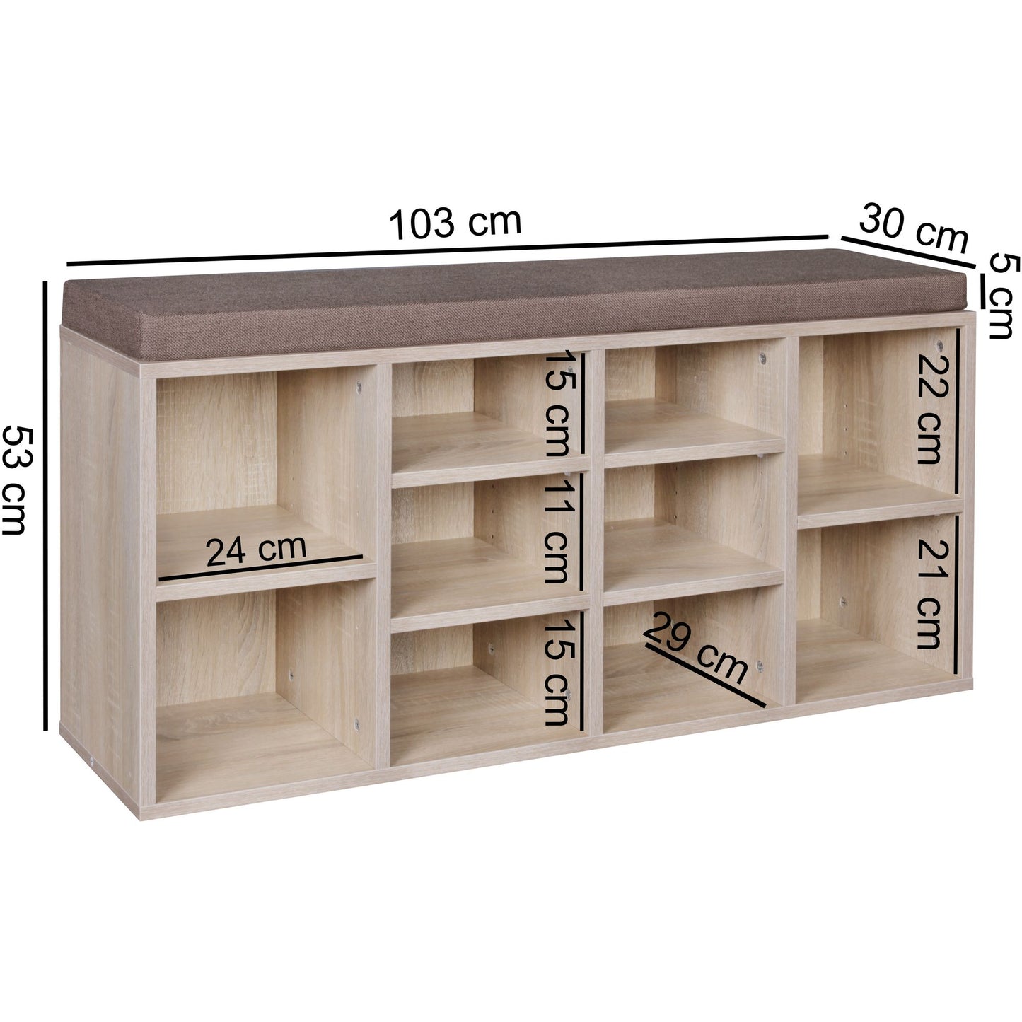 Schuhbank mit Sitzauflage sonoma Flurbank 103 5 mal 53 mal 30 cm Sitzbank mit Regalfaecher Garderobenbank mit Stauraum