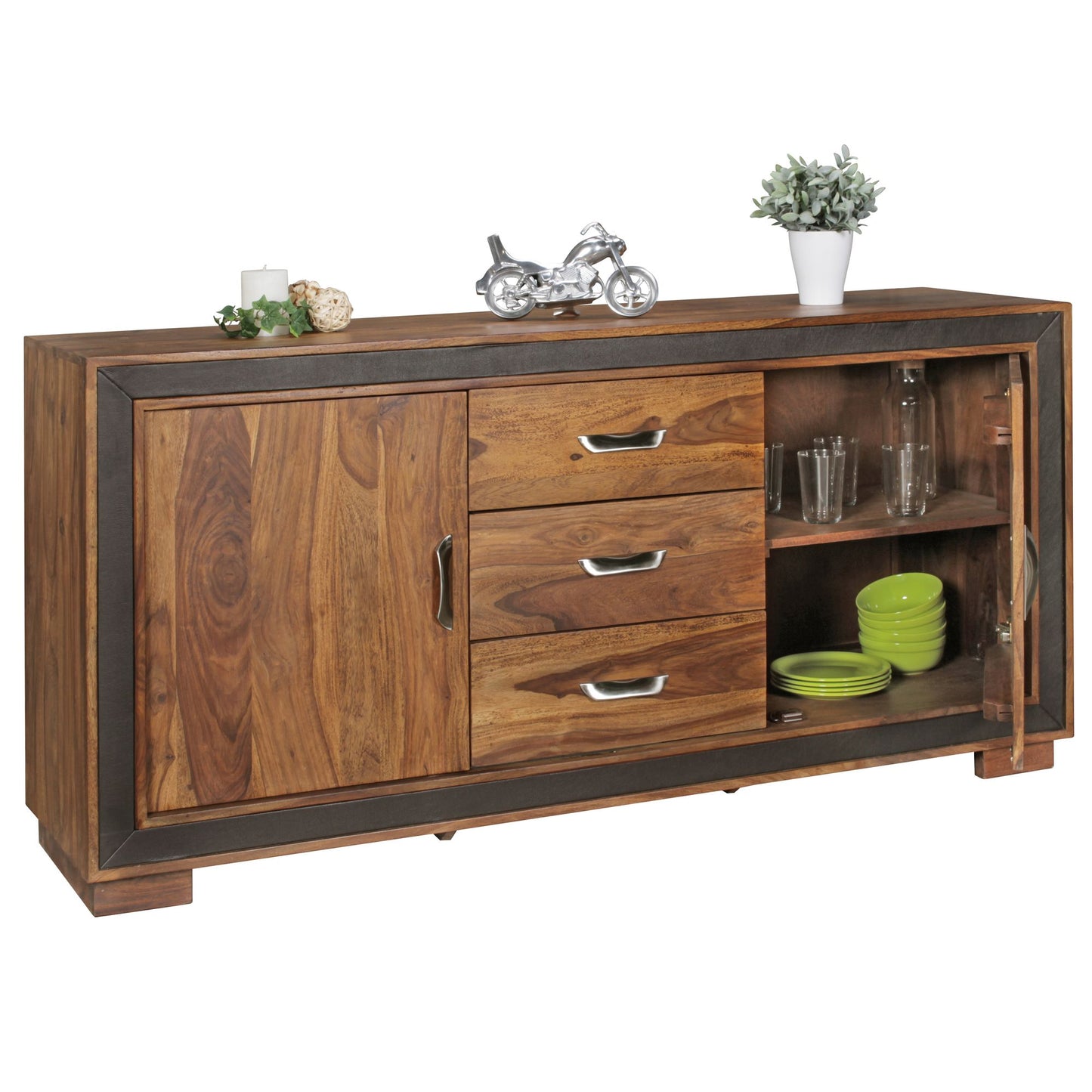 Design Sideboard Sheesham Massivholz mit Kunstleder 160 mal 44 mal 80 cm Anrichte im rustikalen Landhausstil Kommode mit Schubladen und Tueren