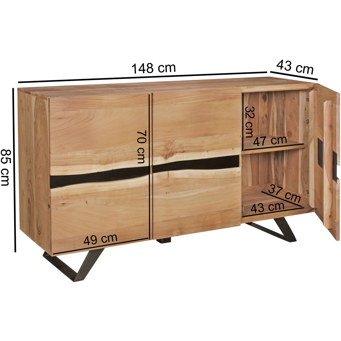 Sideboard 148 mal 85 mal 43 cm Massiv Holz Akazie Natur Baumkante Anrichte Landhaus Stil Highboard mit 3 Tueren Flur Schrank Kommode