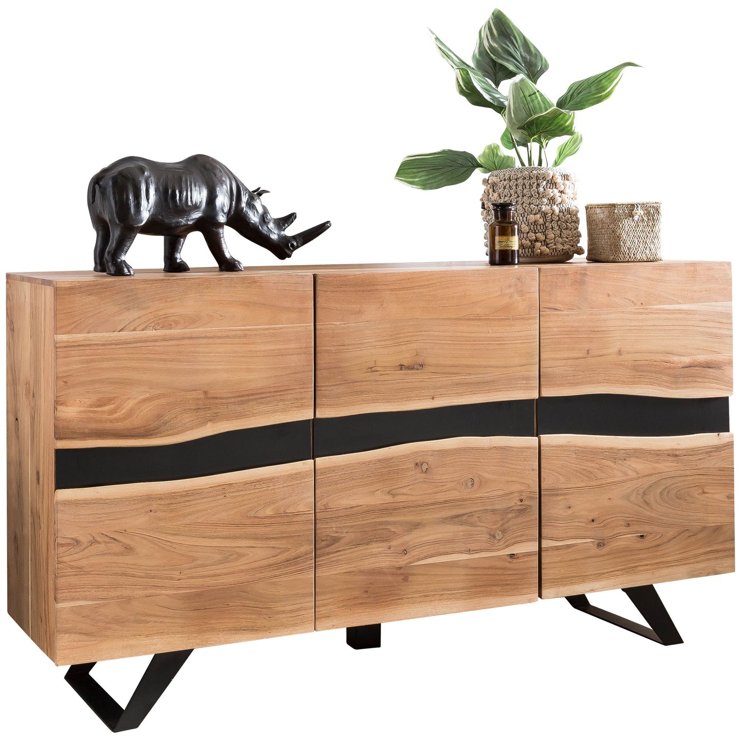 Sideboard 148 mal 85 mal 43 cm Massiv Holz Akazie Natur Baumkante Anrichte Landhaus Stil Highboard mit 3 Tueren Flur Schrank Kommode