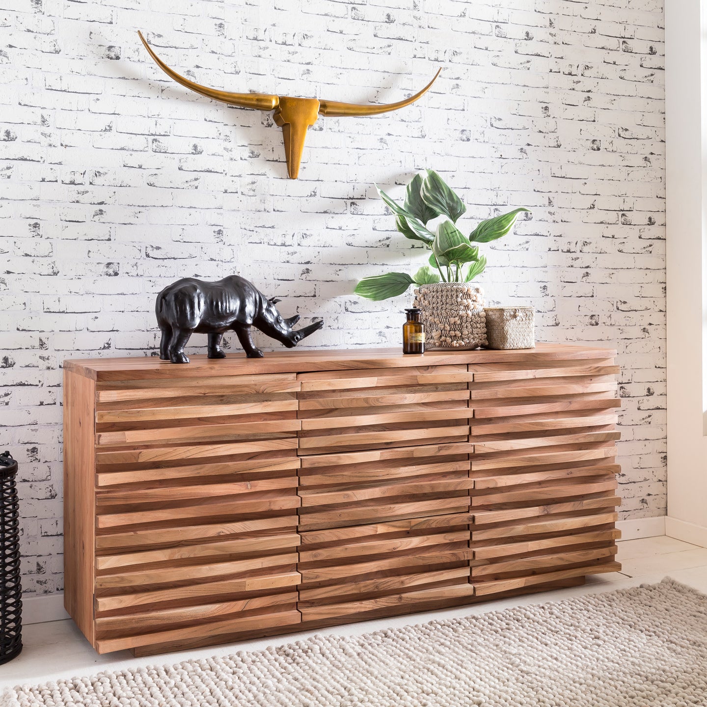 Sideboard 160 mal 75 mal 43 cm Massiv Holz Akazie Natur Baumkante Anrichte Landhaus Stil Kommode mit Schubladen und Tueren Flur Schrank Standschrank